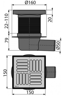 Сливной трап AlcaPlast 150 ? 150/50мм решетка - хром APV5411